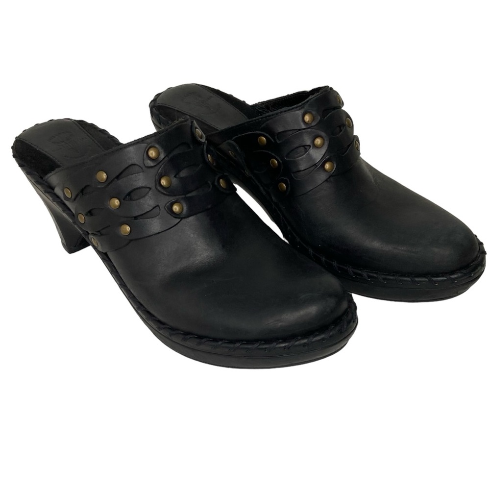 Frye Black Leather Studded Mule Clogs